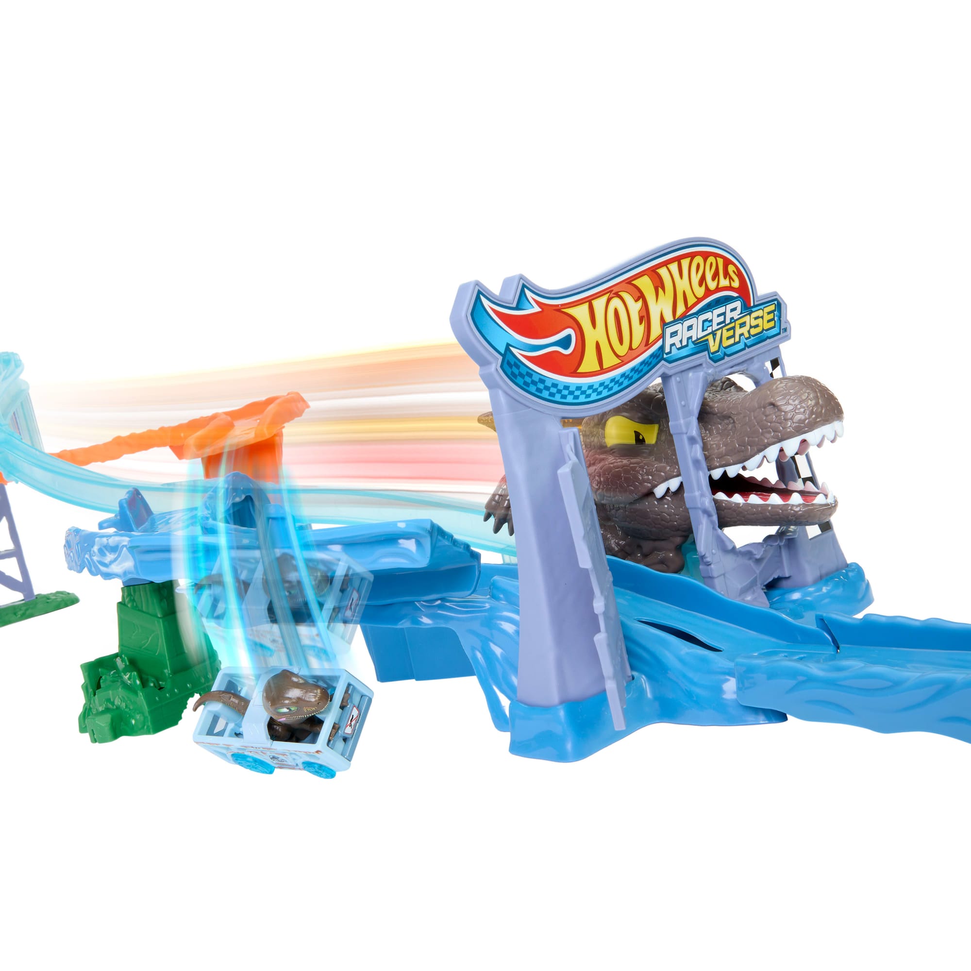 Hot Wheels Racerverse Jurassic World Crash & Splash Track Set & Die-Cast Dinosaur Toy Car