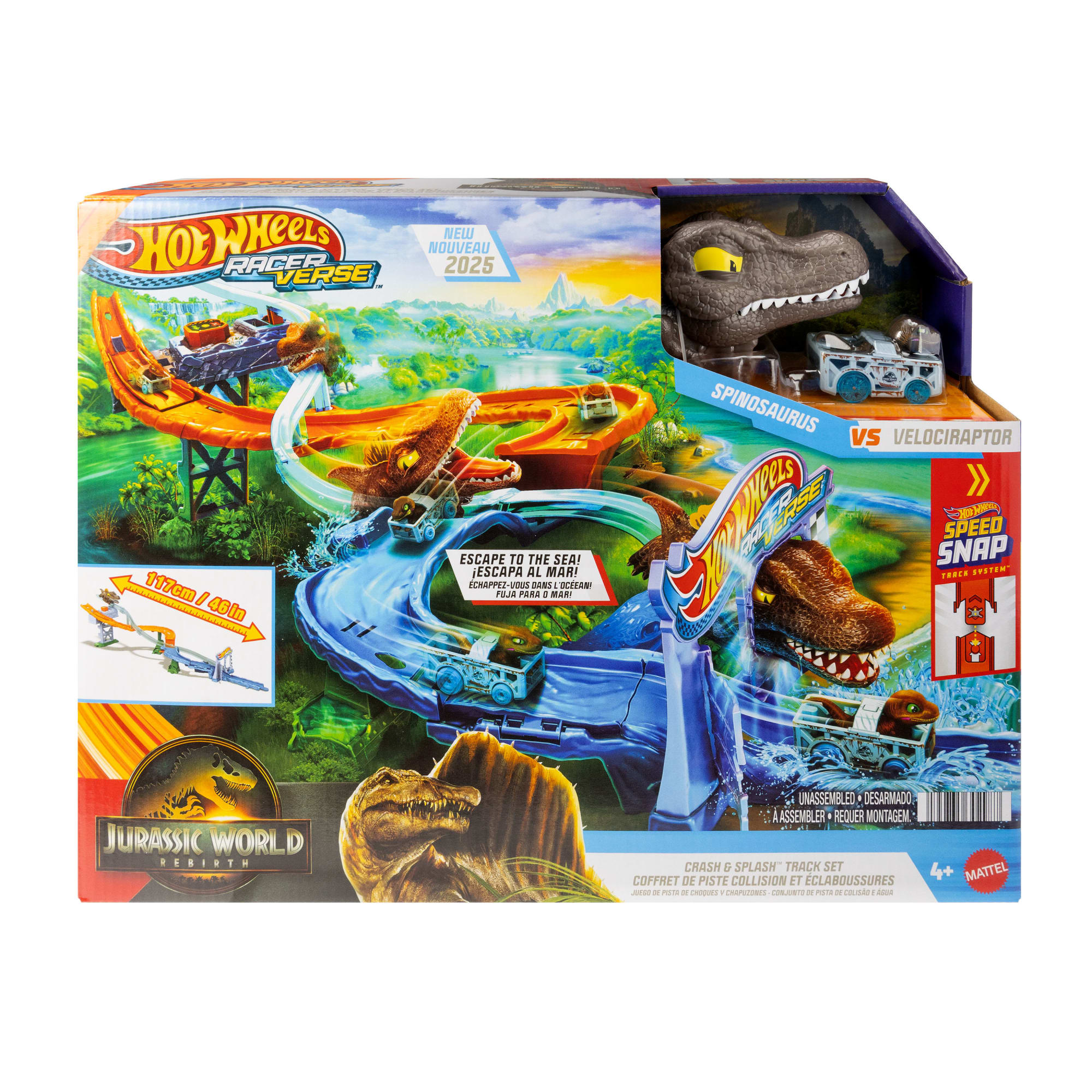 Hot Wheels Racerverse Jurassic World Crash & Splash Track Set & Die-Cast Dinosaur Toy Car