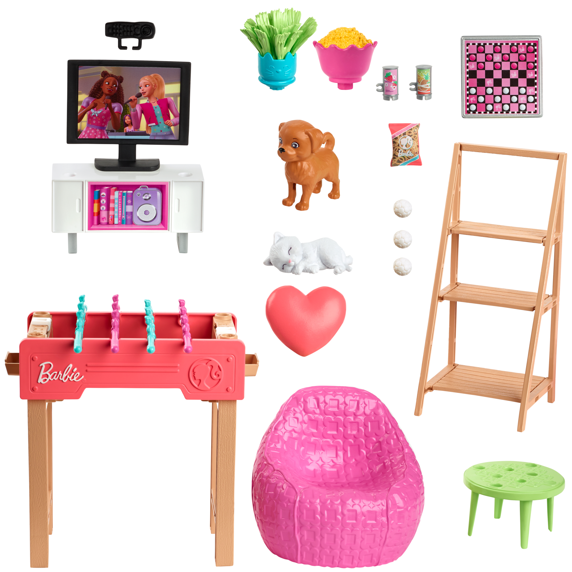 Barbie World Game Room Set With 19 Dollhouse Accessories Including Furniture, Foosball Table & Pets