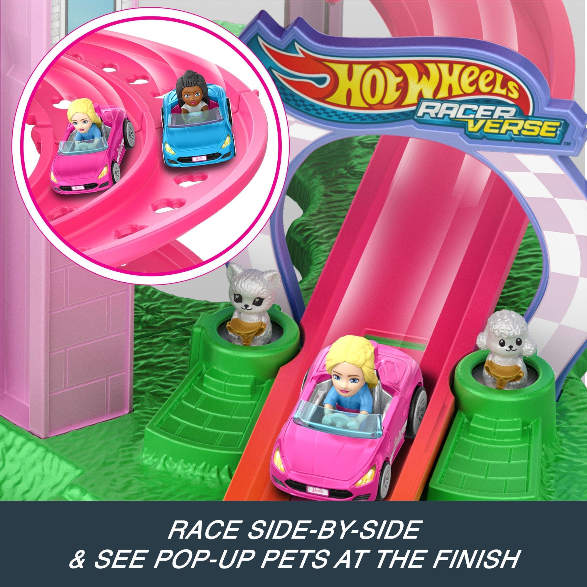 Hot Wheels Racerverse Barbie Spiral Race Track Set With Barbie “Malibu” & Barbie “Brooklyn” Toy Cars