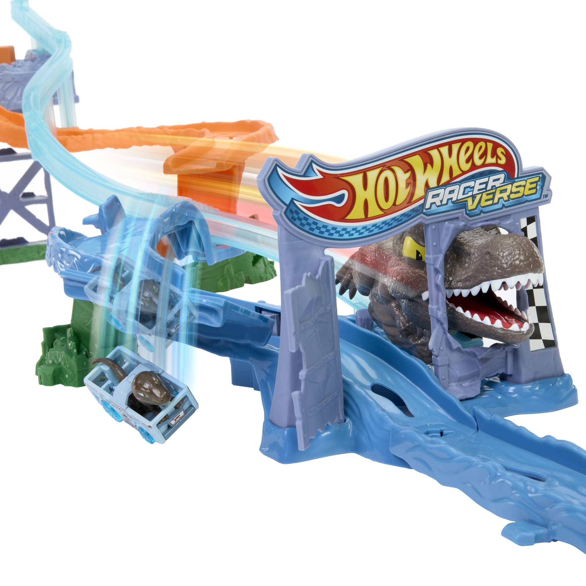 Hot Wheels Racerverse Jurassic World Crash & Splash Track Set & Die-Cast Dinosaur Toy Car