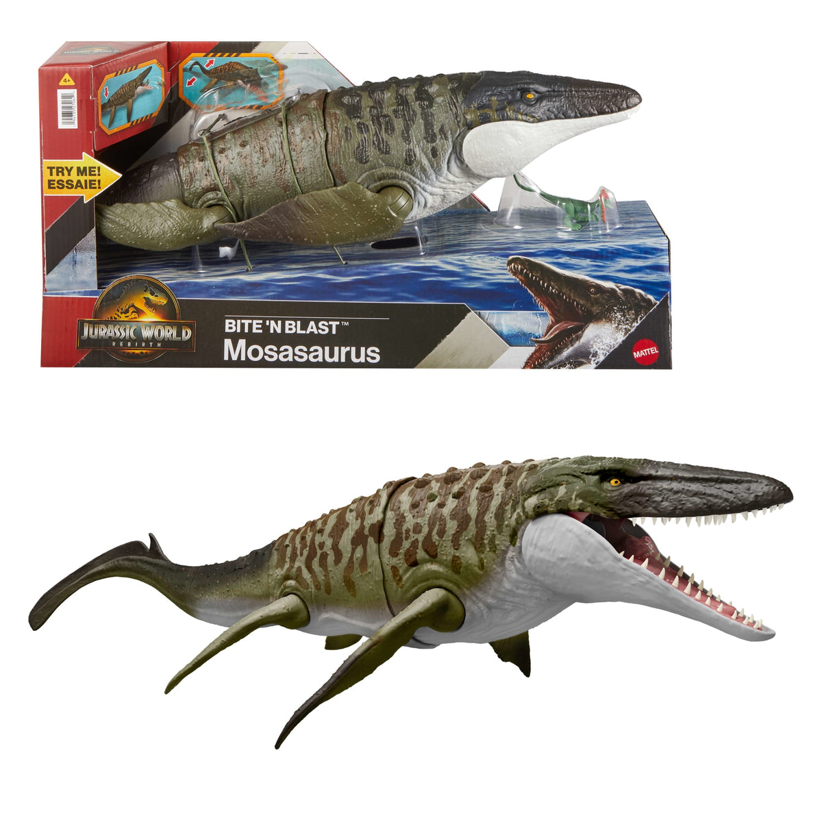Jurassic World Rebirth Bite N Blast Mosasaurus Action Figure And Mini Dilophosaurus, Dinosaur Toy