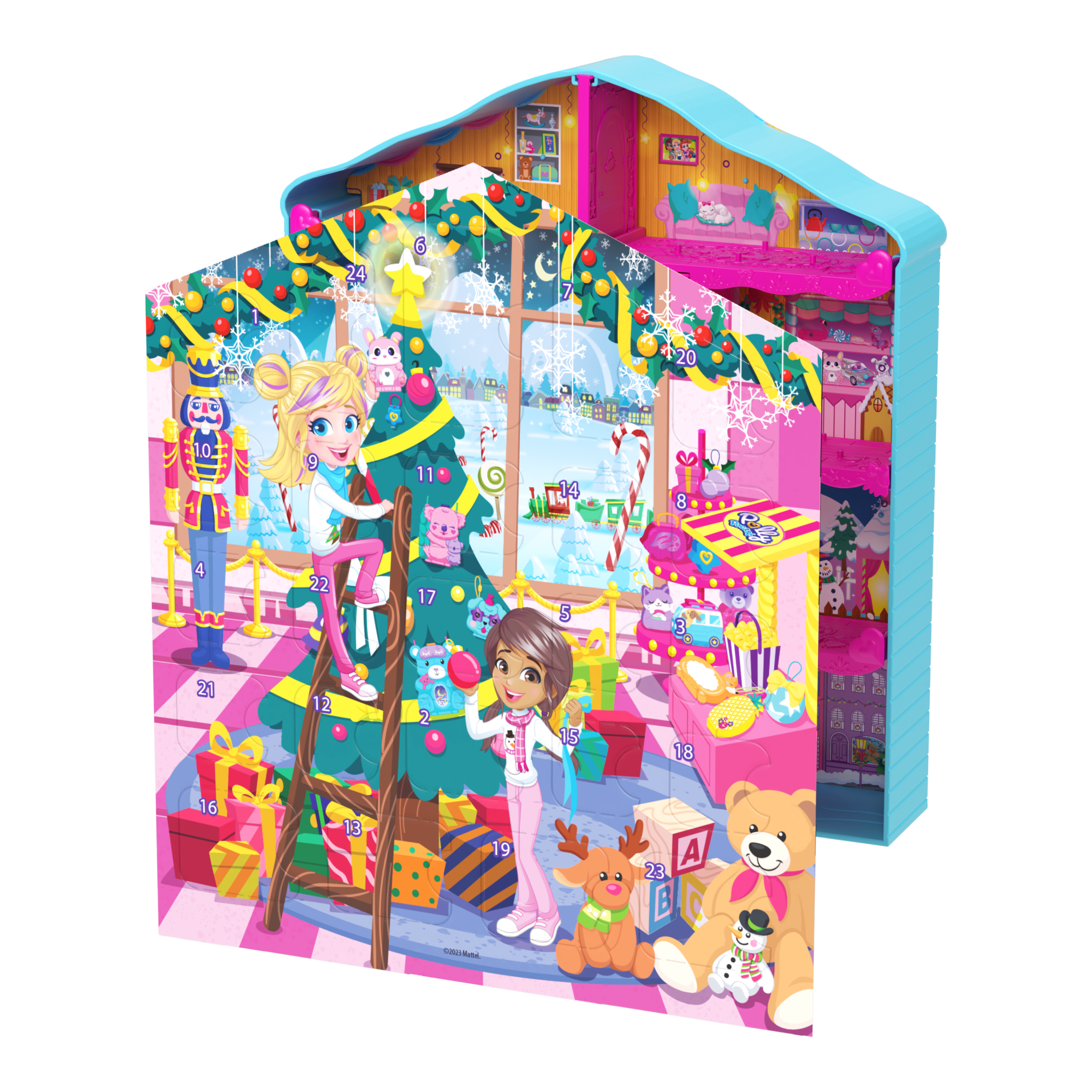 Polly Pocket Dolls And Playset Advent Calendar, Gingerbread House With Dollhouse Furniture, Toy Car, And Holiday Accessories
