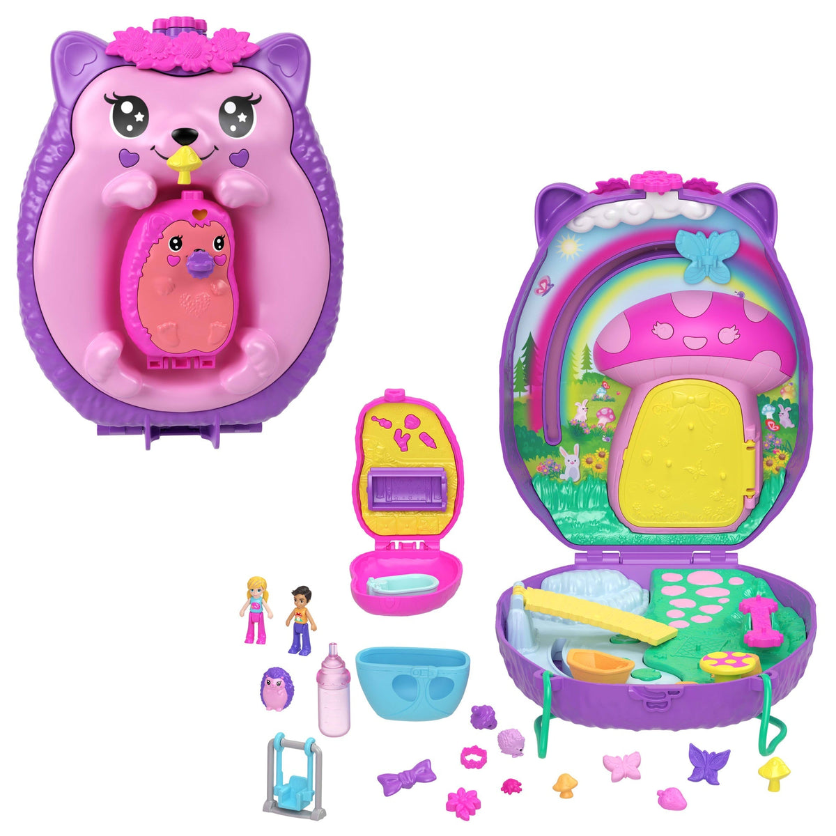 Polly Pocket Hedgehog Mom & Baby Purse Playset With 2 Dolls & 16 Accessories including Pets