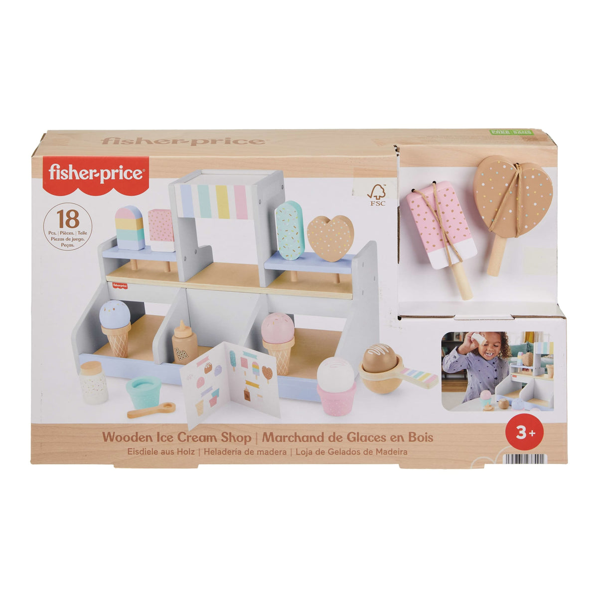 Fisher-Price Wooden Ice Cream Shop Set For Preschool Pretend Play, 18 Wood Pieces