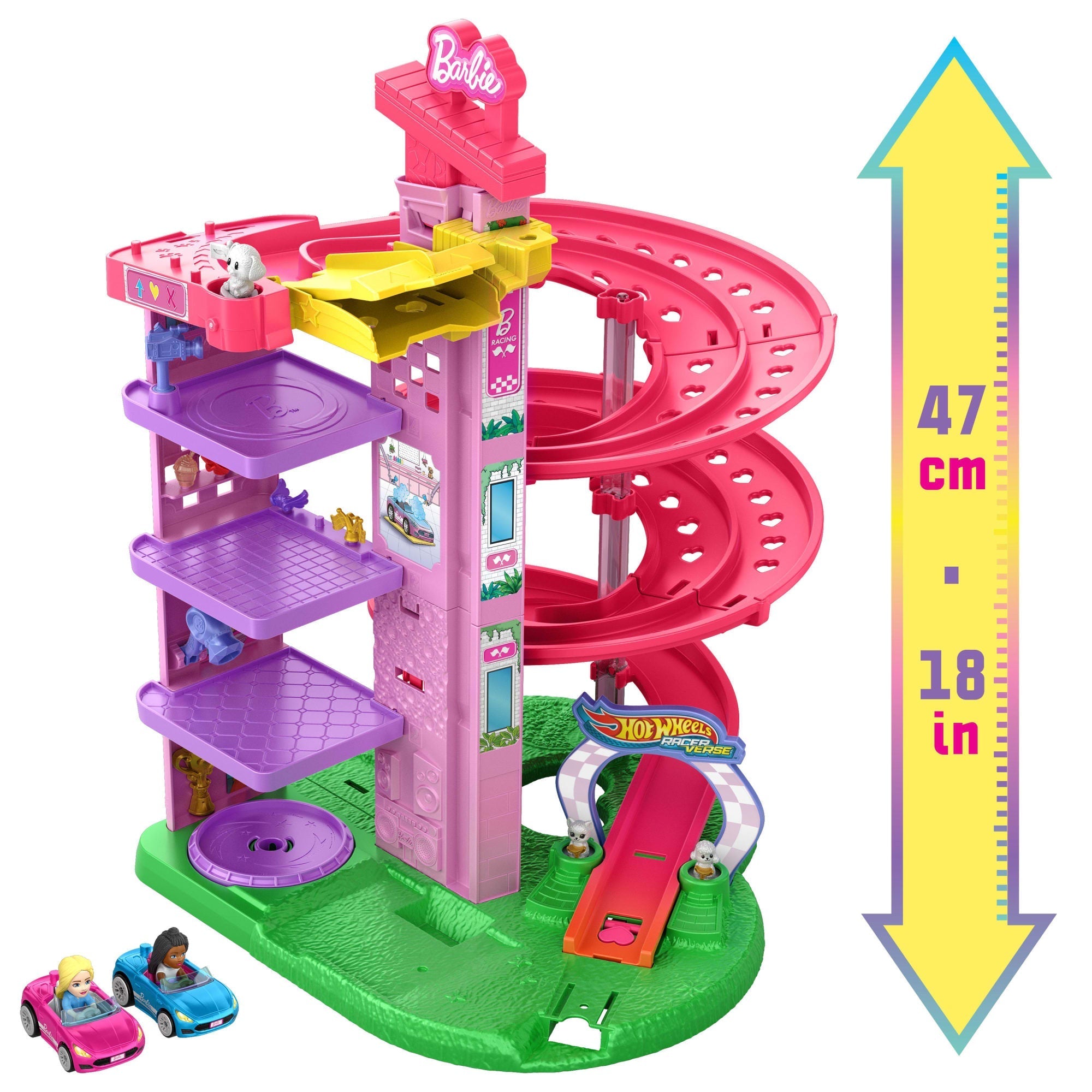 Hot Wheels Racerverse Barbie Spiral Race Track Set With Barbie “Malibu” & Barbie “Brooklyn” Toy Cars